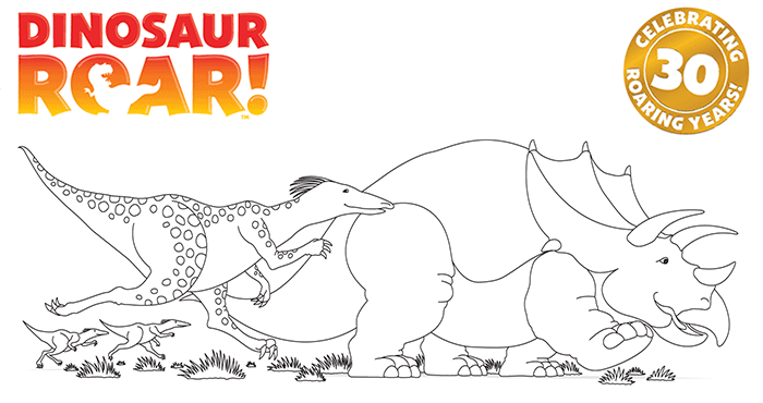 Dinosaur Roar! Uncoloured colouring sheet, showing triceratops and 3 other dinosaurs.